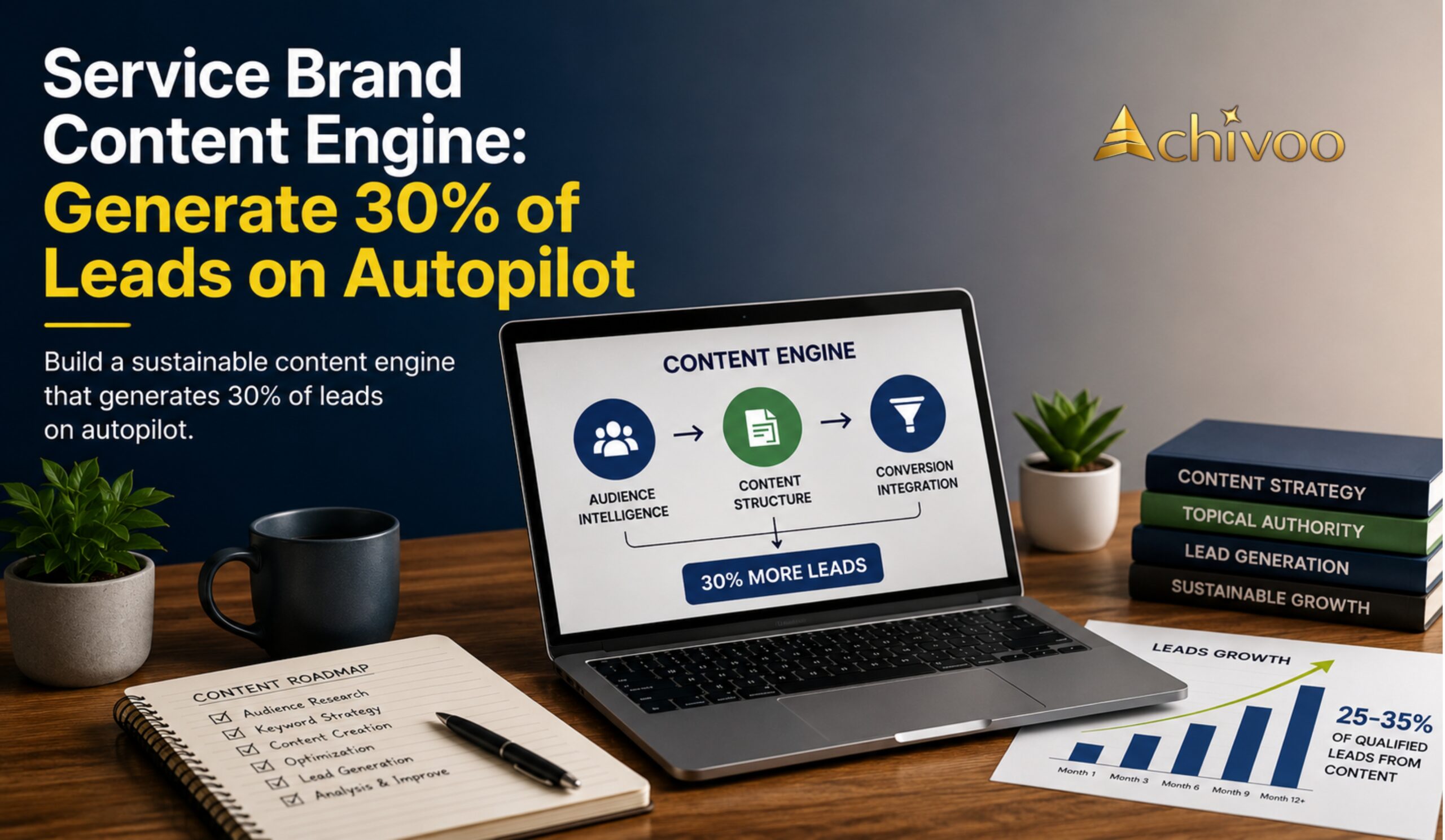 Service Brand Content Engine illustrating SEO content strategy, lead generation, and organic marketing to grow qualified leads on autopilot.