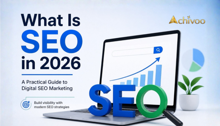 What Is SEO in 2026 infographic featuring a laptop with a rising search growth chart, SEO text, search bar illustration, and Achivoo branding representing digital SEO marketing strategies.