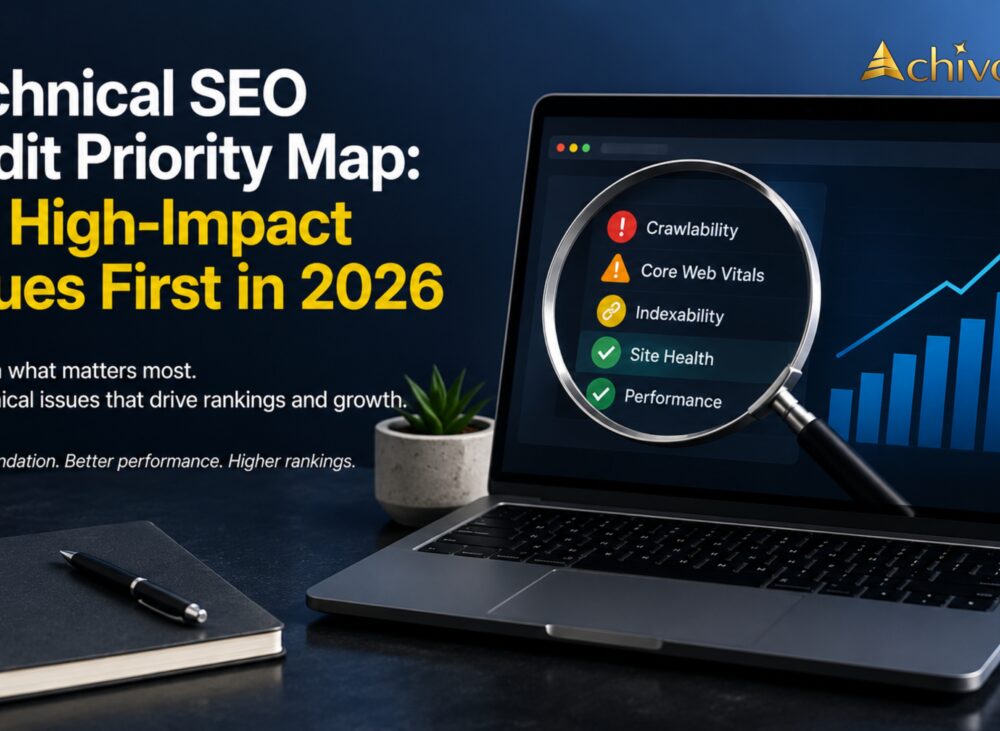 Technical SEO Audit Priority Map showing website crawlability, Core Web Vitals, indexing, schema markup, and SEO optimization for higher Google rankings.