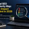Technical SEO Audit Priority Map showing website crawlability, Core Web Vitals, indexing, schema markup, and SEO optimization for higher Google rankings.