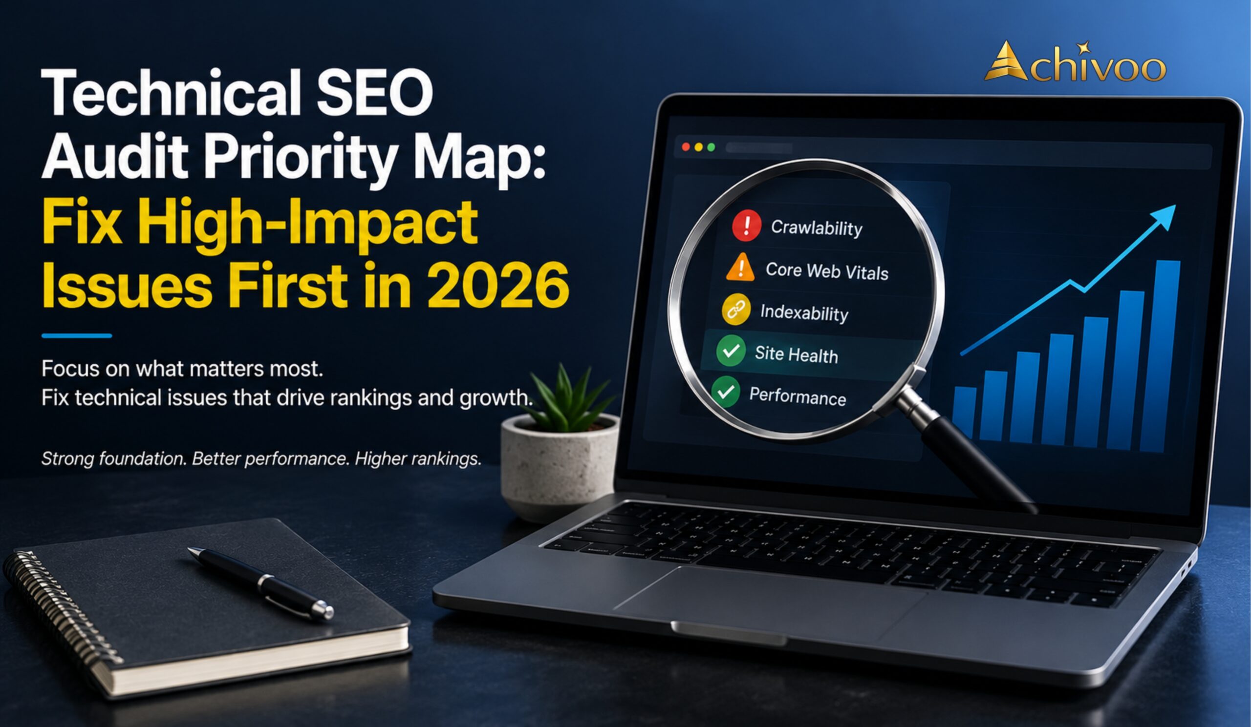 Technical SEO Audit Priority Map showing website crawlability, Core Web Vitals, indexing, schema markup, and SEO optimization for higher Google rankings.