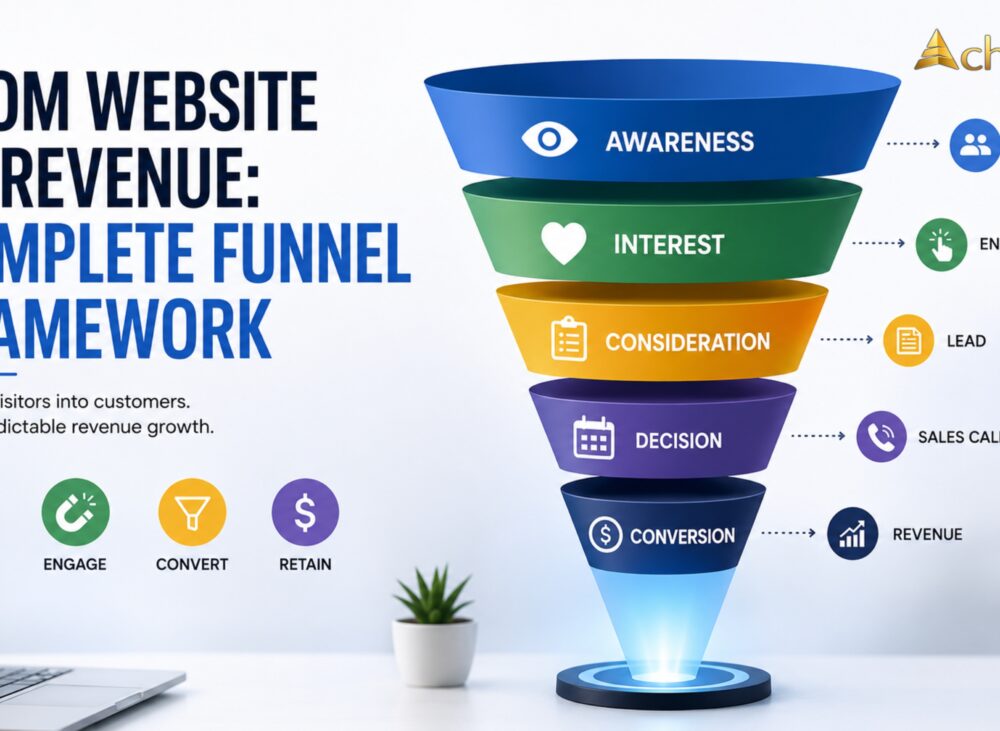 Website Revenue Funnel showing customer journey, lead generation, conversion optimization, sales funnel stages, and revenue growth for service businesses.