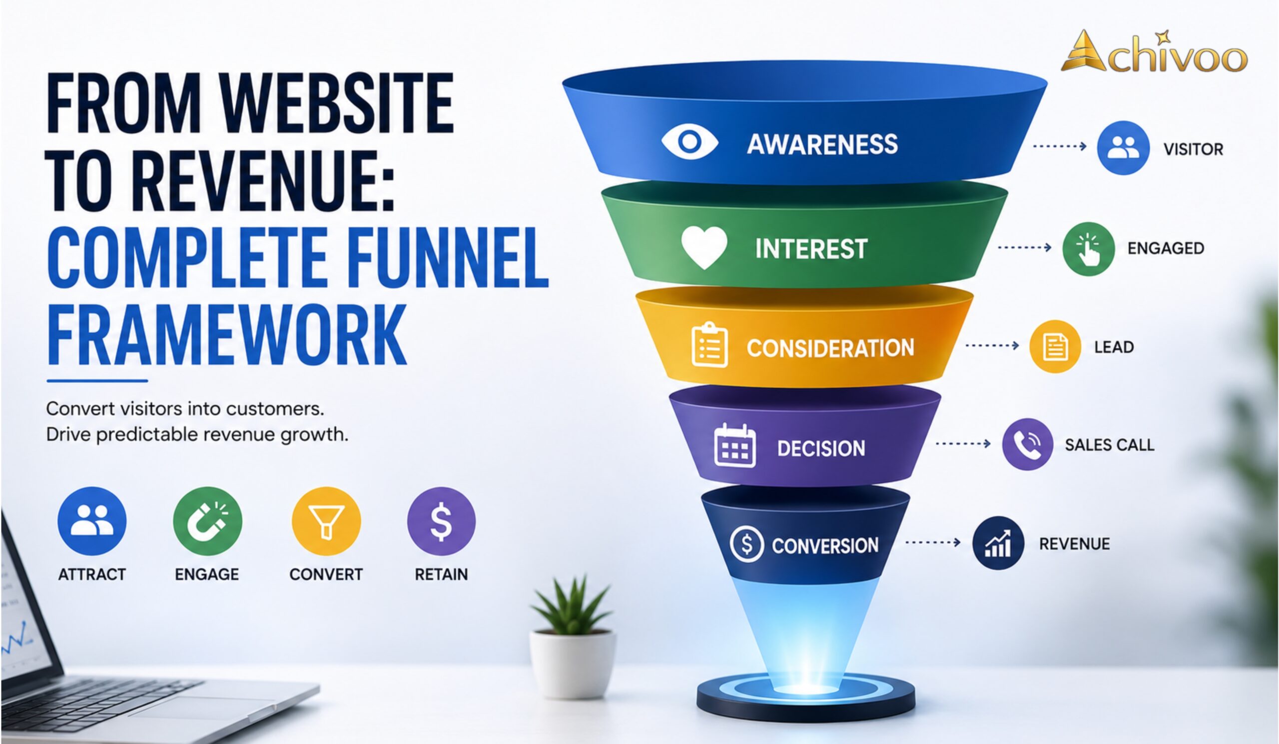 Website Revenue Funnel showing customer journey, lead generation, conversion optimization, sales funnel stages, and revenue growth for service businesses.