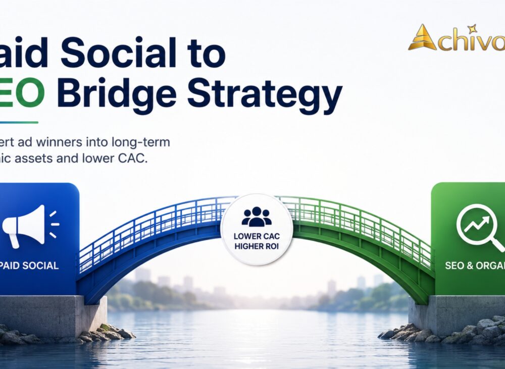 Paid Social to SEO Bridge Strategy showing paid advertising insights, SEO content creation, organic traffic growth, and customer acquisition optimization.
