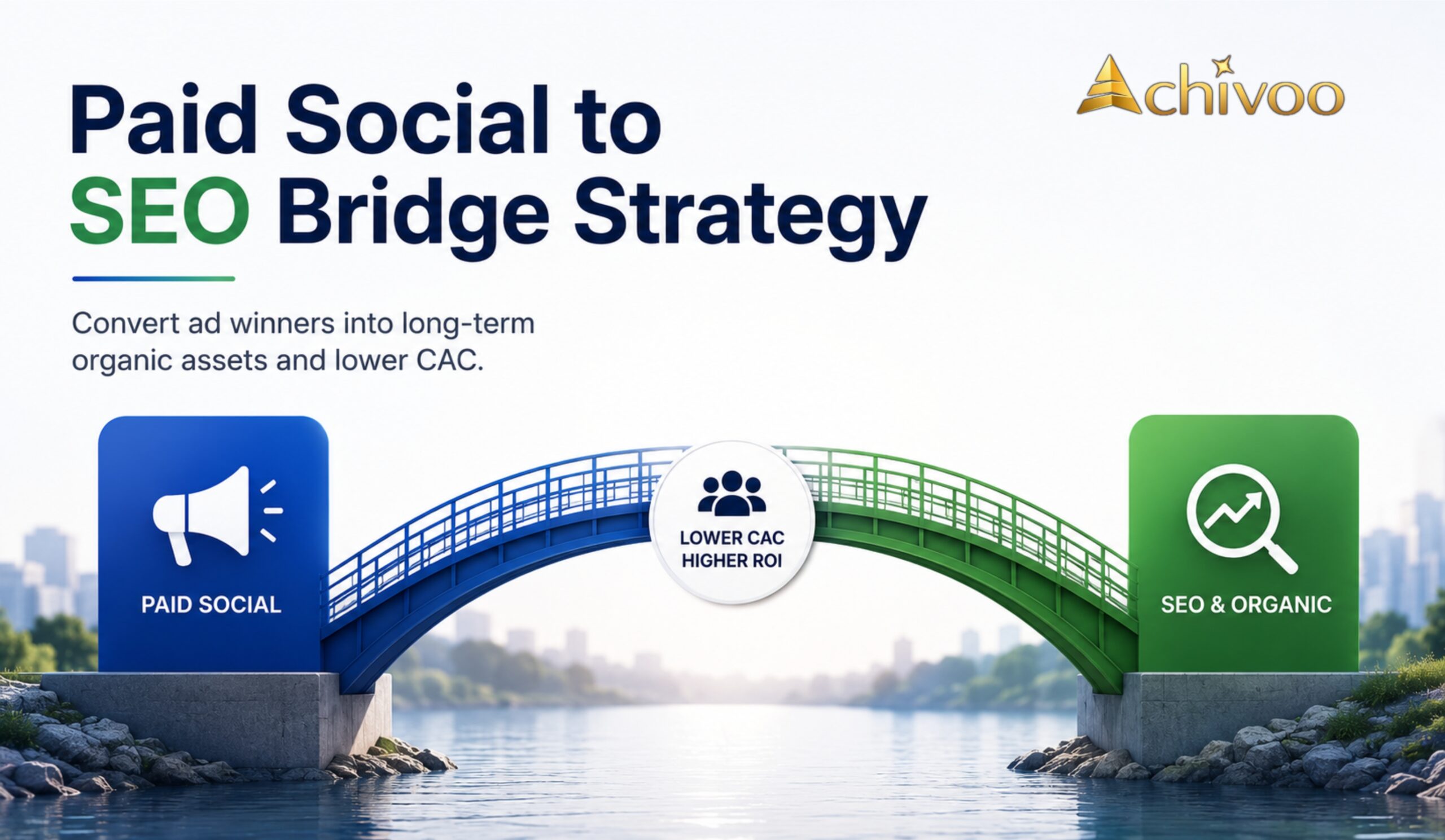 Paid Social to SEO Bridge Strategy showing paid advertising insights, SEO content creation, organic traffic growth, and customer acquisition optimization.