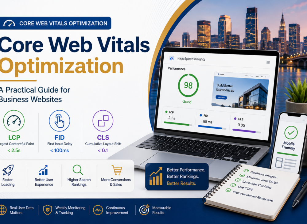 Feature image for Core Web Vitals Optimization showing page speed metrics, performance improvements, and website optimization strategies.
