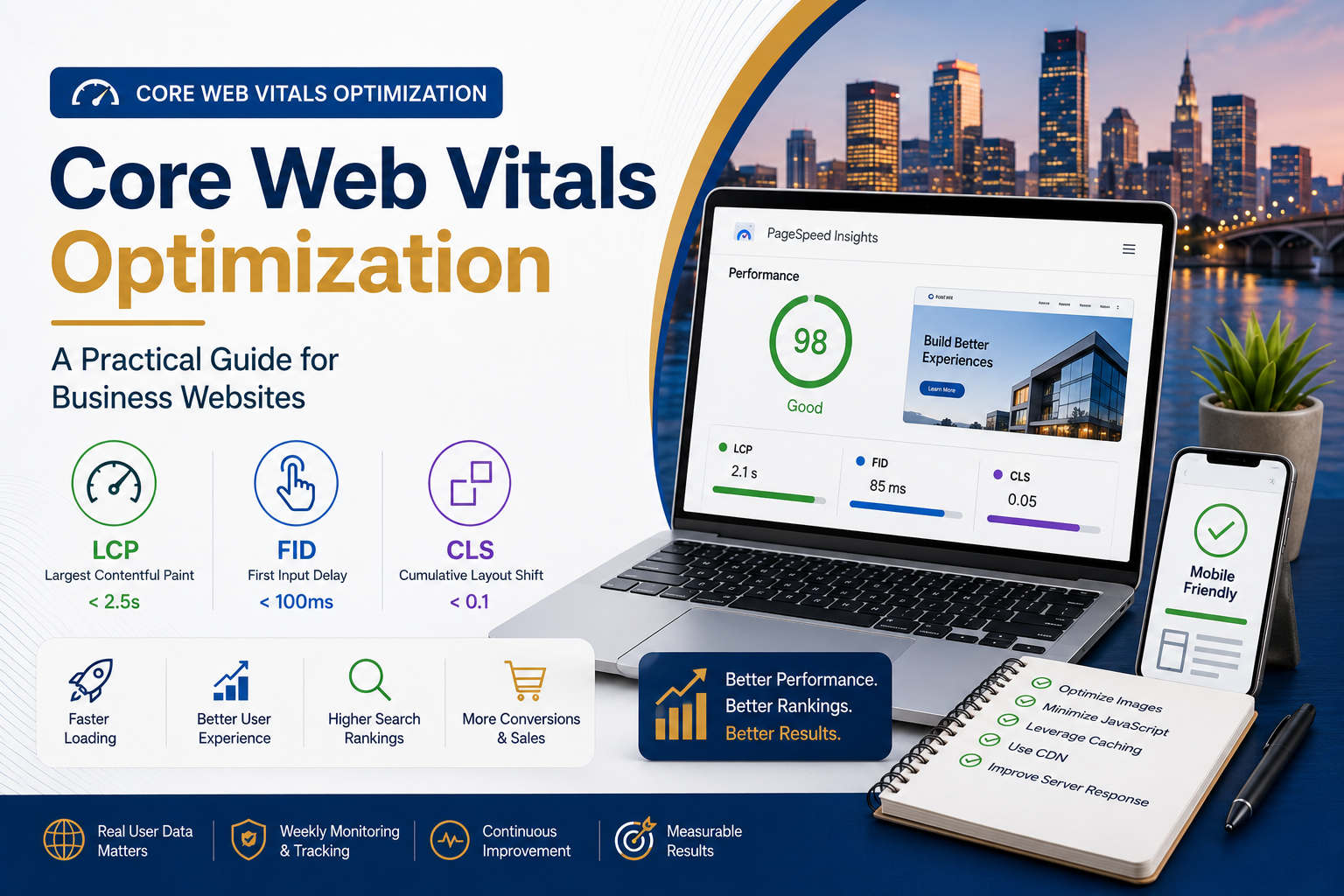 Feature image for Core Web Vitals Optimization showing page speed metrics, performance improvements, and website optimization strategies.
