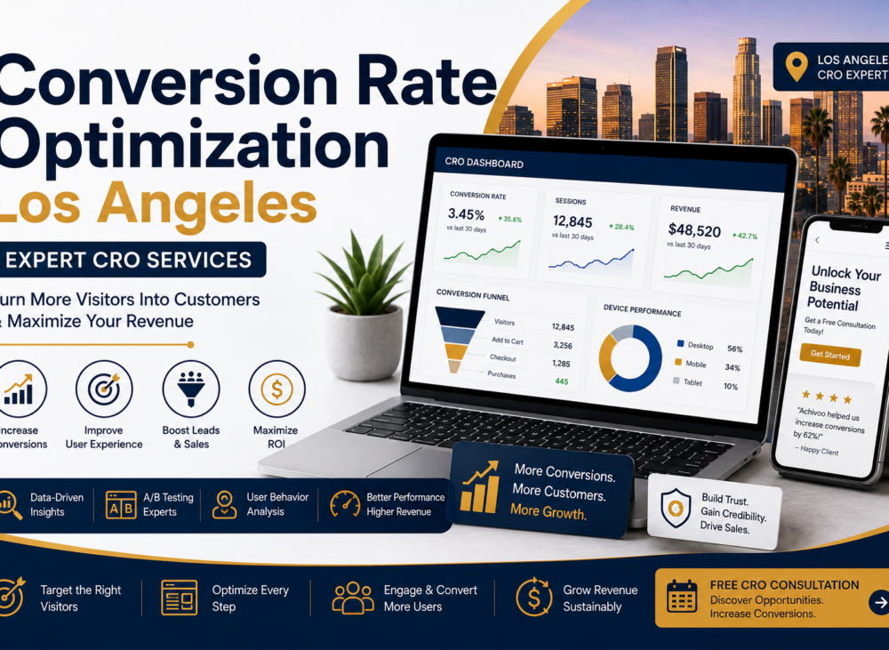 Feature image for Conversion Rate Optimization Los Angeles showing CRO analytics, A/B testing, user behavior insights, and revenue growth strategies.