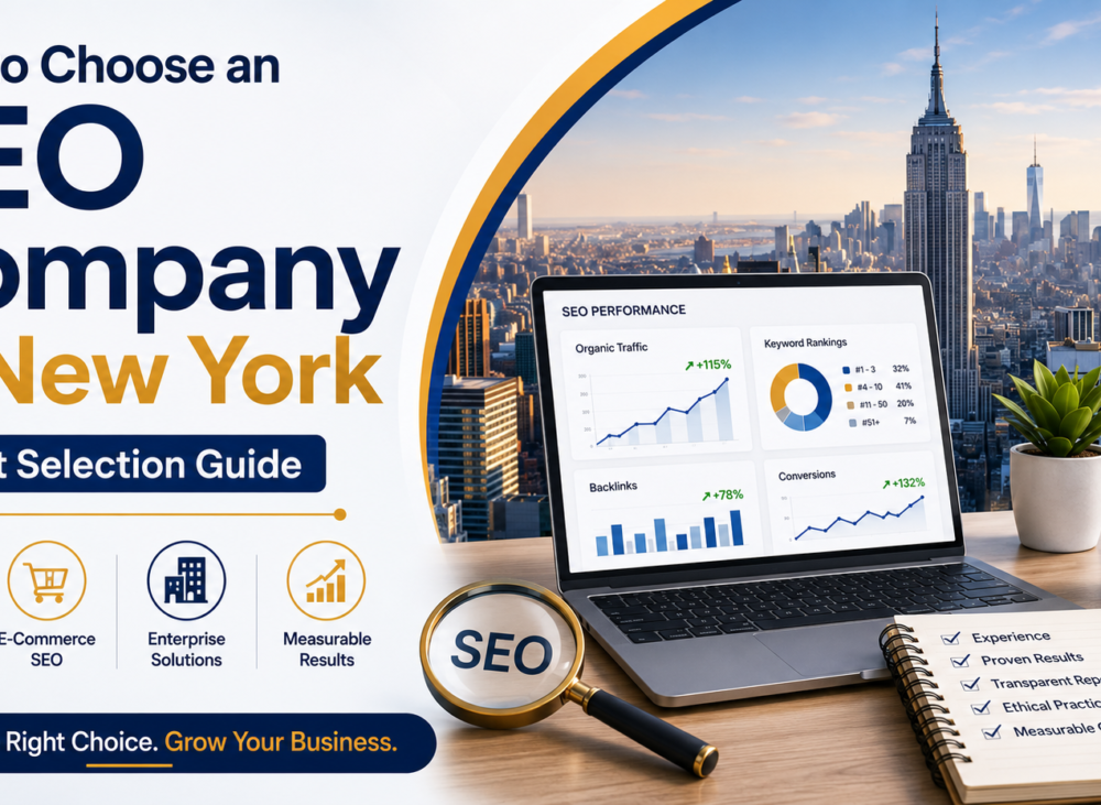 Feature image for How to Choose an SEO Company in New York showcasing SEO analytics, business growth, and expert agency selection.
