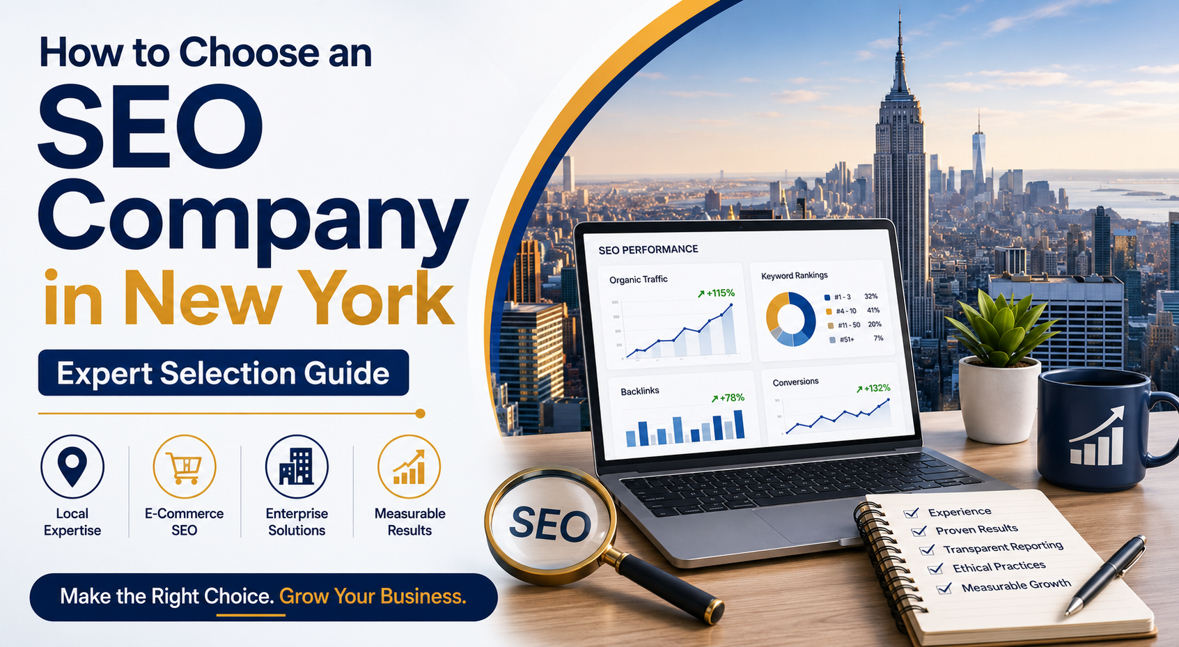 Feature image for How to Choose an SEO Company in New York showcasing SEO analytics, business growth, and expert agency selection.