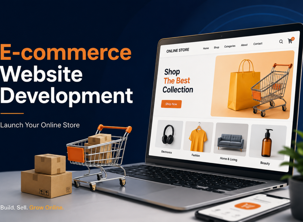 Feature image for e-commerce website development Newark showing an online store, shopping cart, and digital commerce elements.