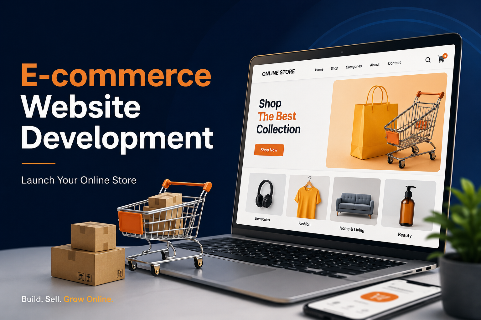 Feature image for e-commerce website development Newark showing an online store, shopping cart, and digital commerce elements.