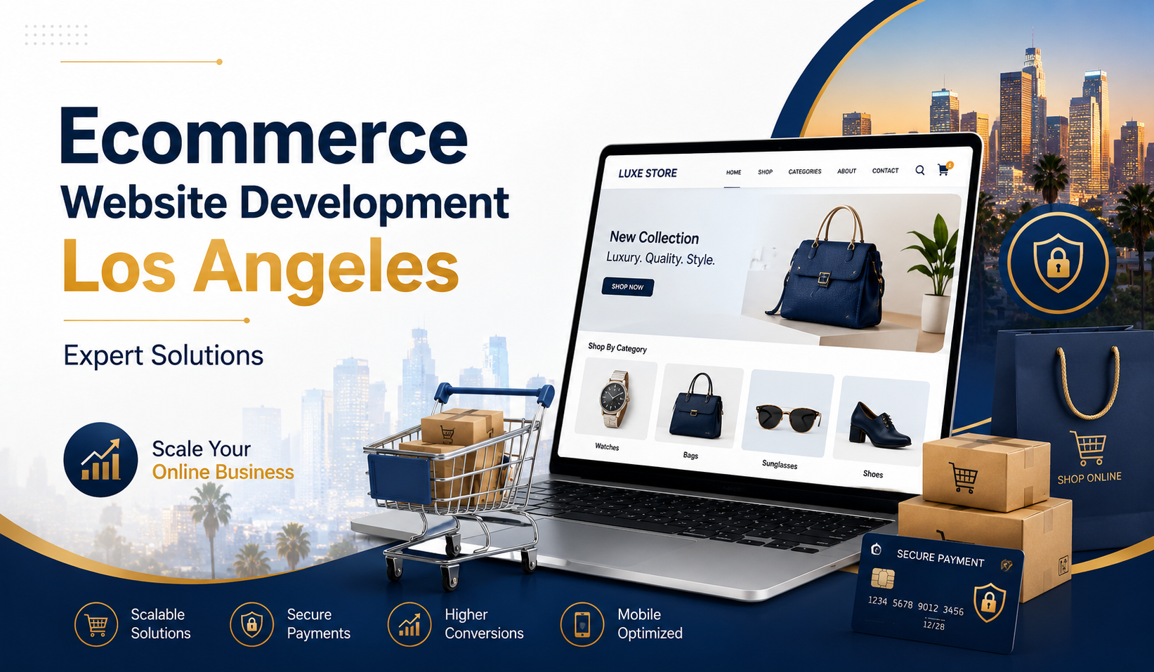 Feature image for Ecommerce Website Development Los Angeles showcasing a premium online store with secure payments and scalable ecommerce solutions.