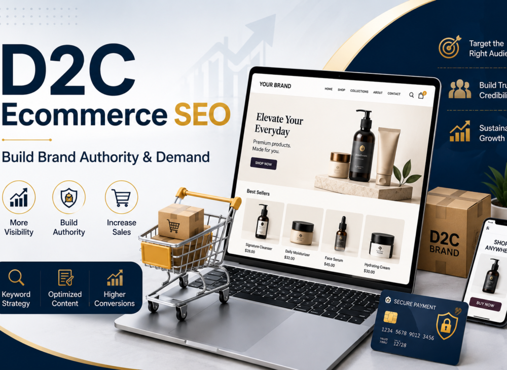 Feature image for D2C Ecommerce SEO showcasing brand growth, authority building, and strategies to increase organic sales.