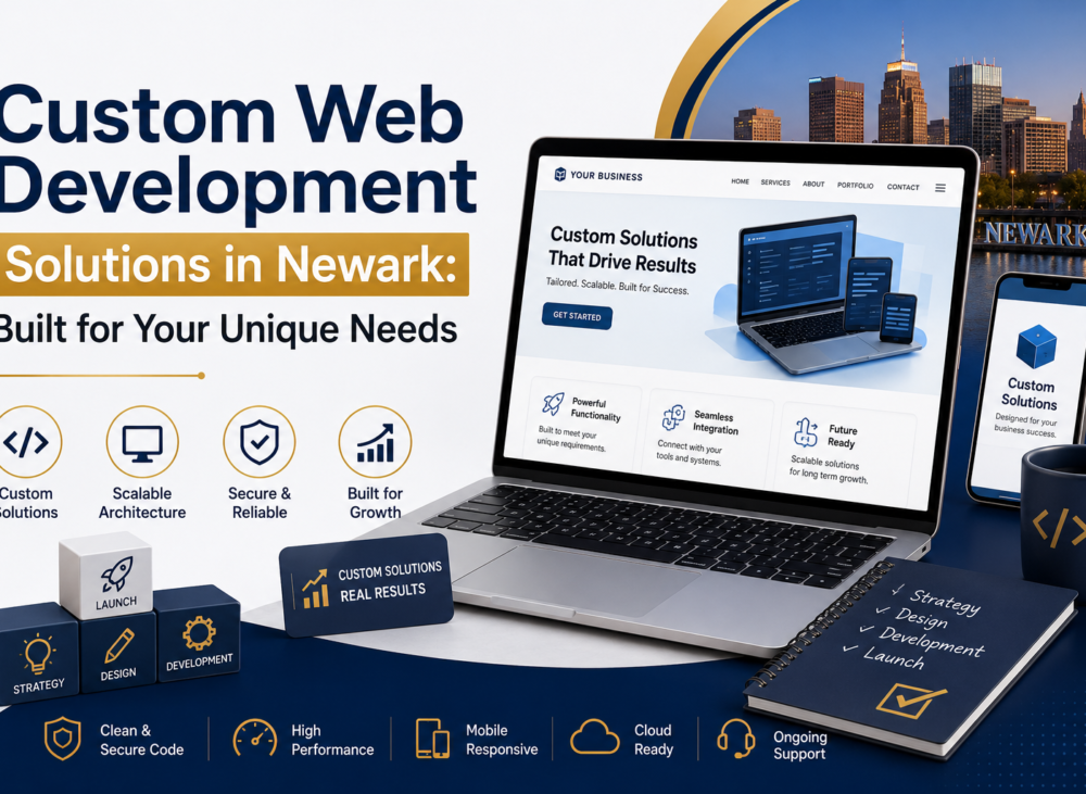 Feature image for Custom Web Development Solutions in Newark showcasing scalable web solutions, secure architecture, and business growth.