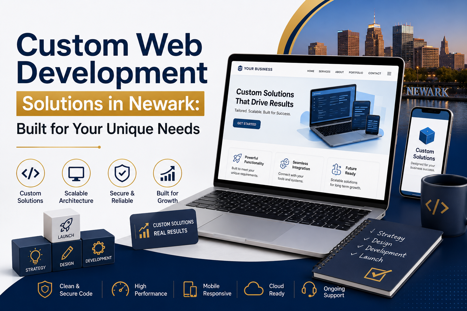 Feature image for Custom Web Development Solutions in Newark showcasing scalable web solutions, secure architecture, and business growth.