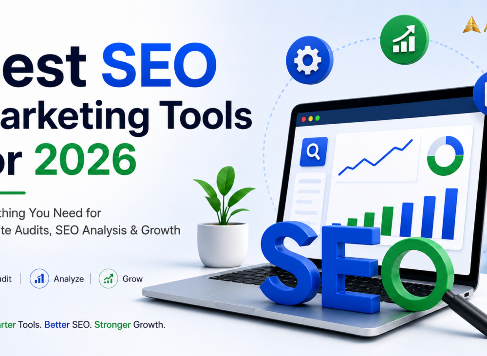 A modern illustration of a laptop displaying an SEO analytics dashboard with charts, graphs, and SEO icons, promoting the best SEO marketing tools for website audits, SEO analysis, and business growth in 2026.