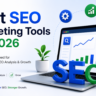 A modern illustration of a laptop displaying an SEO analytics dashboard with charts, graphs, and SEO icons, promoting the best SEO marketing tools for website audits, SEO analysis, and business growth in 2026.