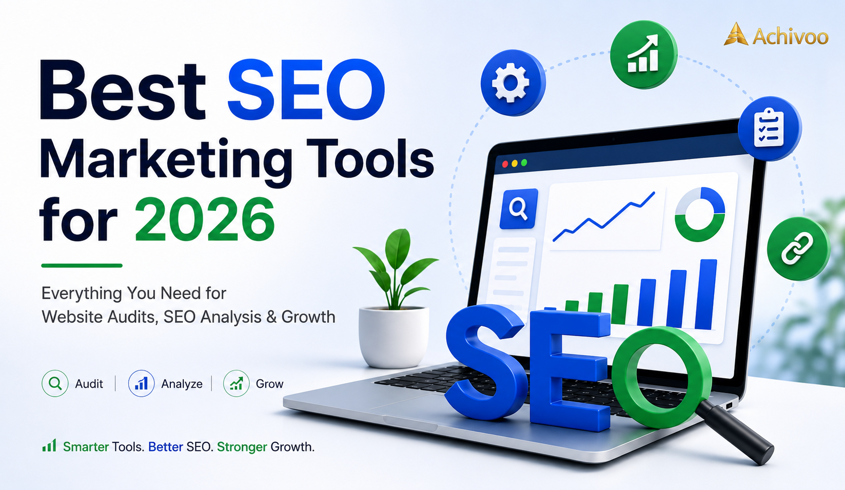A modern illustration of a laptop displaying an SEO analytics dashboard with charts, graphs, and SEO icons, promoting the best SEO marketing tools for website audits, SEO analysis, and business growth in 2026.
