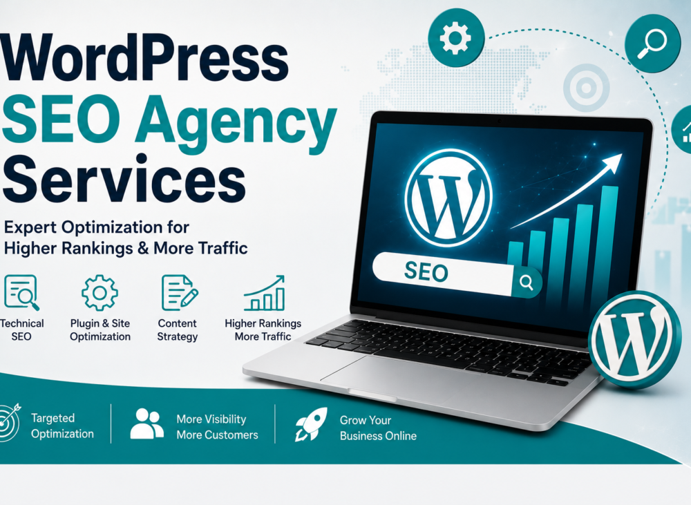 Professional WordPress SEO Agency Services feature image showing a laptop with WordPress SEO analytics, optimization icons, and the headline "WordPress SEO Agency Services" on a clean blue and white background.