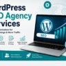 Professional WordPress SEO Agency Services feature image showing a laptop with WordPress SEO analytics, optimization icons, and the headline "WordPress SEO Agency Services" on a clean blue and white background.