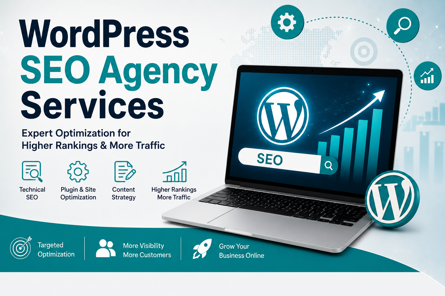 Professional WordPress SEO Agency Services feature image showing a laptop with WordPress SEO analytics, optimization icons, and the headline "WordPress SEO Agency Services" on a clean blue and white background.