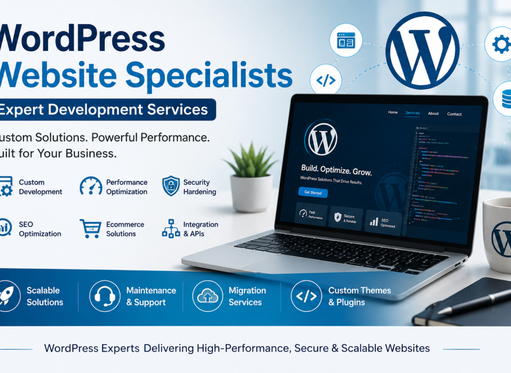 Professional WordPress Website Specialists feature image showcasing custom website development, performance optimization, security, SEO, and scalable WordPress solutions with a laptop displaying a WordPress website dashboard.