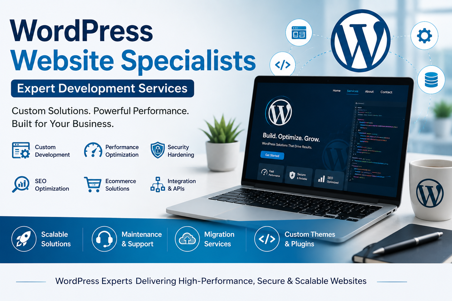 Professional WordPress Website Specialists feature image showcasing custom website development, performance optimization, security, SEO, and scalable WordPress solutions with a laptop displaying a WordPress website dashboard.