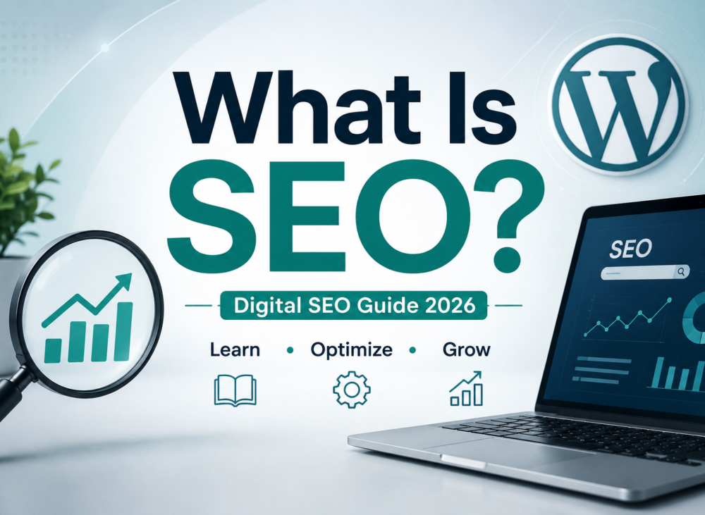 Search Engine Optimization (SEO) concept showing SEO analytics, website optimization, keyword strategy, and digital marketing growth for improving organic search rankings.