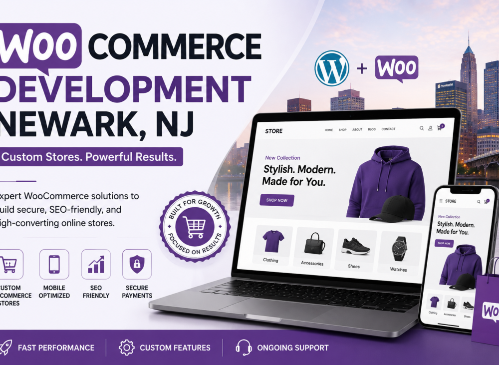 WooCommerce Development Newark NJ feature image showing a custom online store on desktop and mobile with secure, SEO-friendly ecommerce solutions.