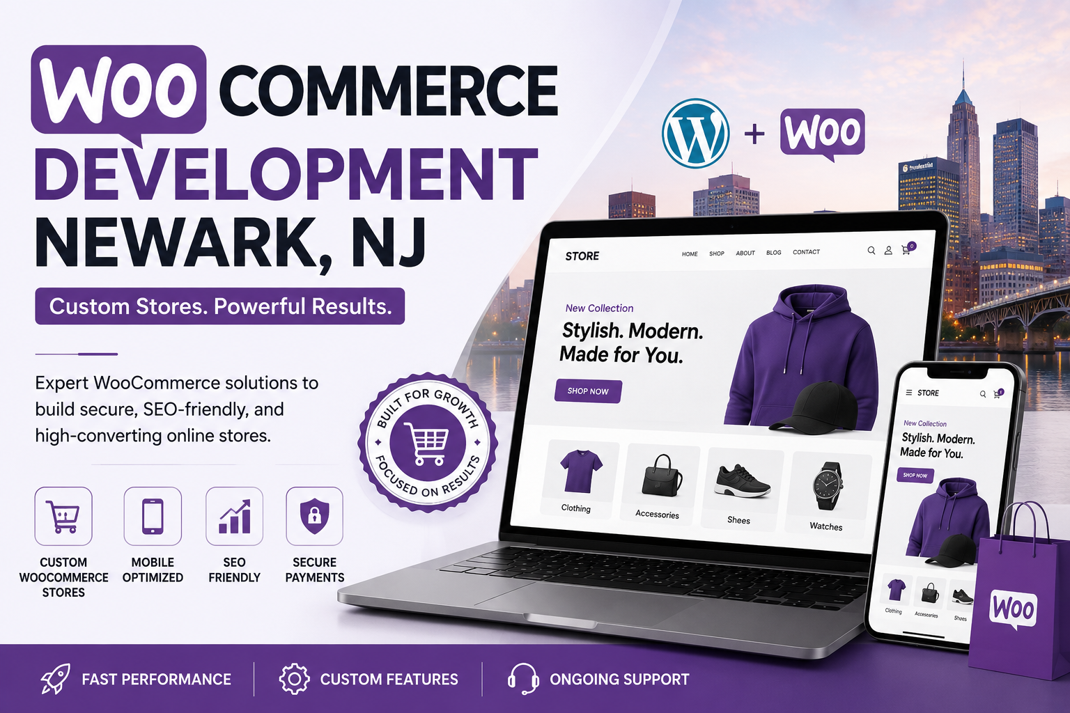 WooCommerce Development Newark NJ feature image showing a custom online store on desktop and mobile with secure, SEO-friendly ecommerce solutions.