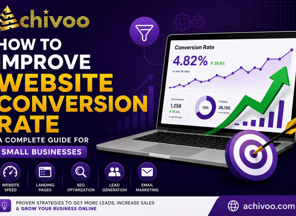 How to Improve Website Conversion Rate guide with analytics dashboard and Achivoo branding for small businesses