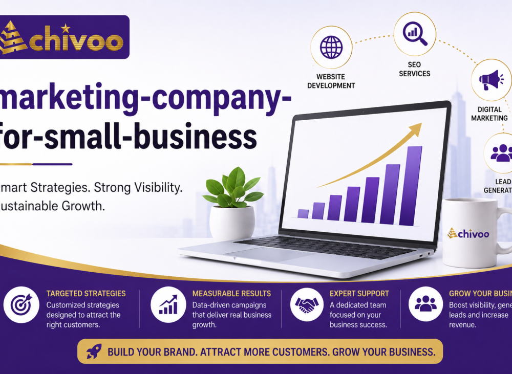 Marketing company for small business by Achivoo showcasing SEO, website development, digital marketing, and lead generation services.