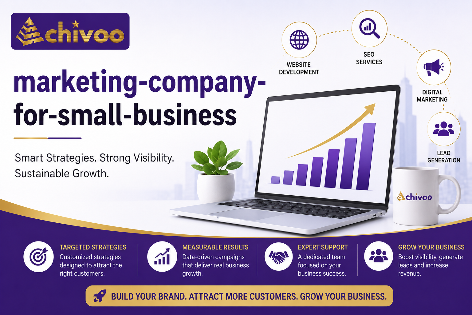 Marketing company for small business by Achivoo showcasing SEO, website development, digital marketing, and lead generation services.