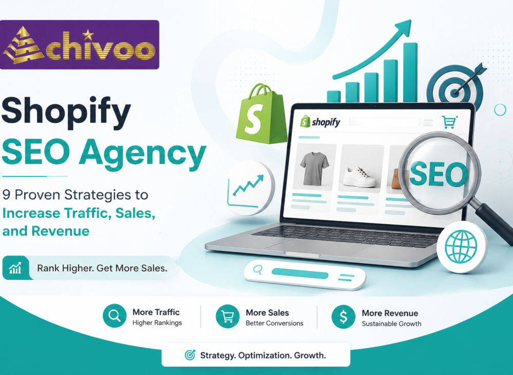 Achivoo Shopify SEO Agency feature image showing a Shopify store on a laptop with SEO analytics, growth charts, search optimization icons, and the Achivoo logo representing eCommerce SEO services.