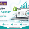 Achivoo Shopify SEO Agency feature image showing a Shopify store on a laptop with SEO analytics, growth charts, search optimization icons, and the Achivoo logo representing eCommerce SEO services.