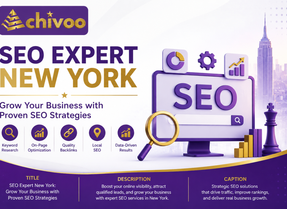 SEO Expert New York feature image showcasing Achivoo's SEO services with search optimization, analytics, keyword research, and New York skyline.