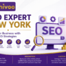 SEO Expert New York feature image showcasing Achivoo's SEO services with search optimization, analytics, keyword research, and New York skyline.