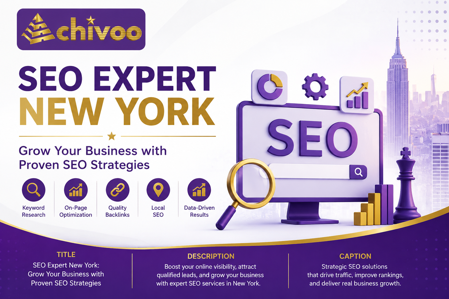 SEO Expert New York feature image showcasing Achivoo's SEO services with search optimization, analytics, keyword research, and New York skyline.