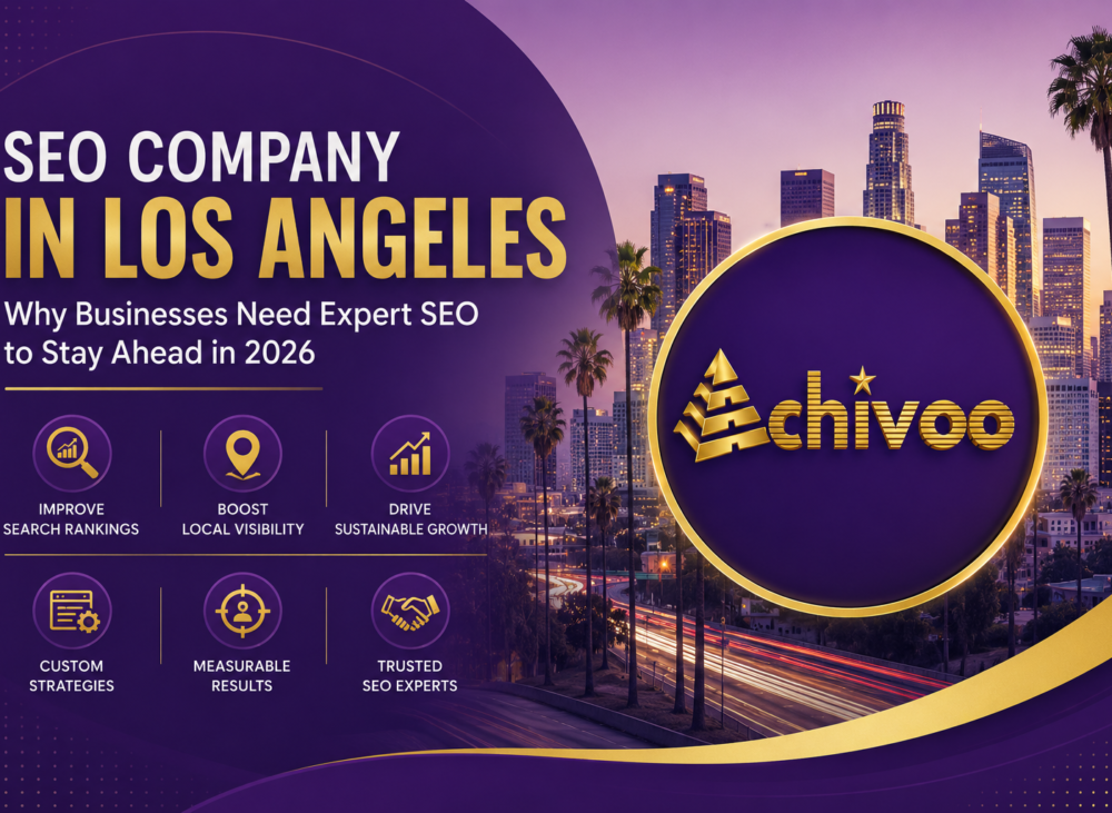 SEO Company in Los Angeles feature image with Achivoo logo, Los Angeles skyline, and SEO growth elements representing digital marketing and local SEO services.