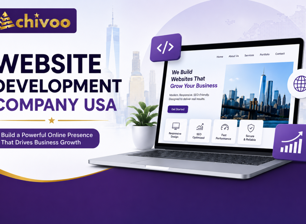 Website Development Company USA feature image showcasing Achivoo's custom web development services with responsive website design, SEO-friendly development, and business growth solutions.
