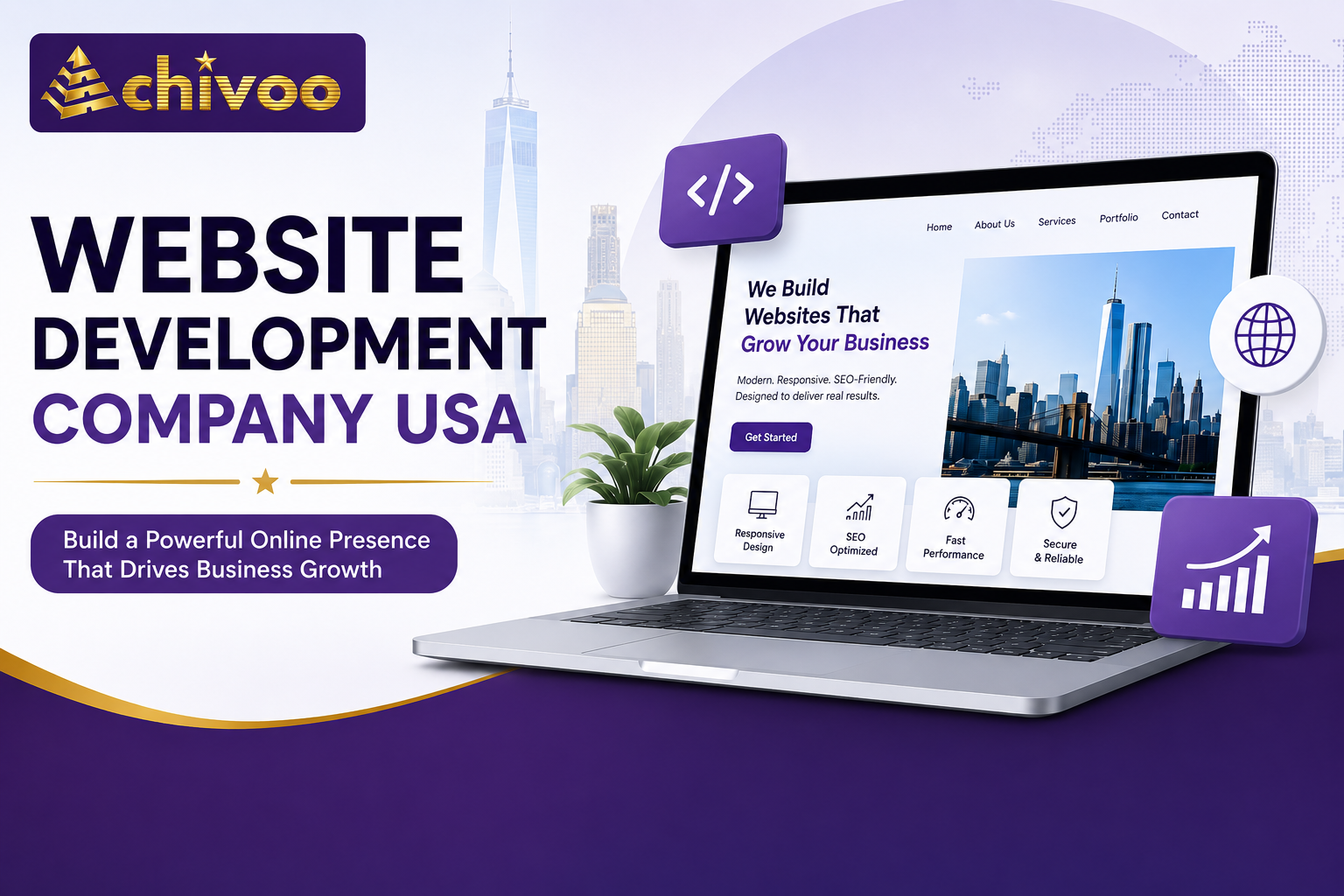 Website Development Company USA feature image showcasing Achivoo's custom web development services with responsive website design, SEO-friendly development, and business growth solutions.