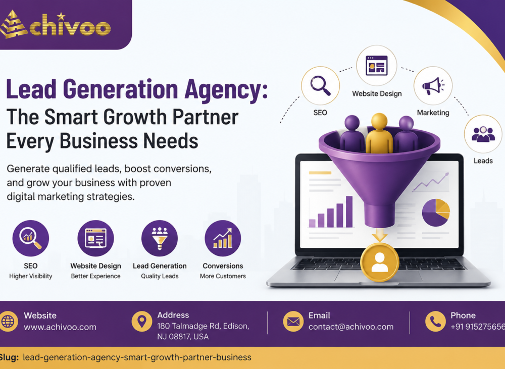 Lead Generation Agency feature image showing Achivoo branding with SEO, website design, lead generation funnel, marketing, analytics, and business growth illustration.
