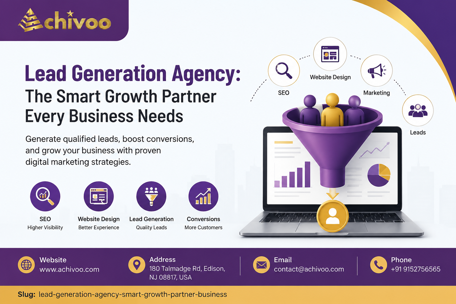 Lead Generation Agency feature image showing Achivoo branding with SEO, website design, lead generation funnel, marketing, analytics, and business growth illustration.