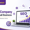 SEO Company for Small Business feature image with Achivoo logo, SEO dashboard, growth chart, magnifying glass, and website optimization illustration.