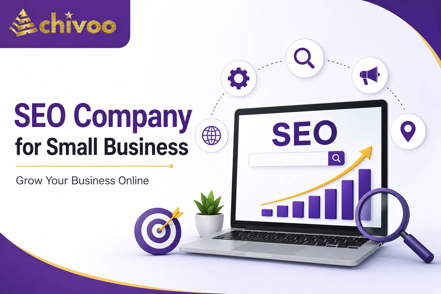 SEO Company for Small Business feature image with Achivoo logo, SEO dashboard, growth chart, magnifying glass, and website optimization illustration.