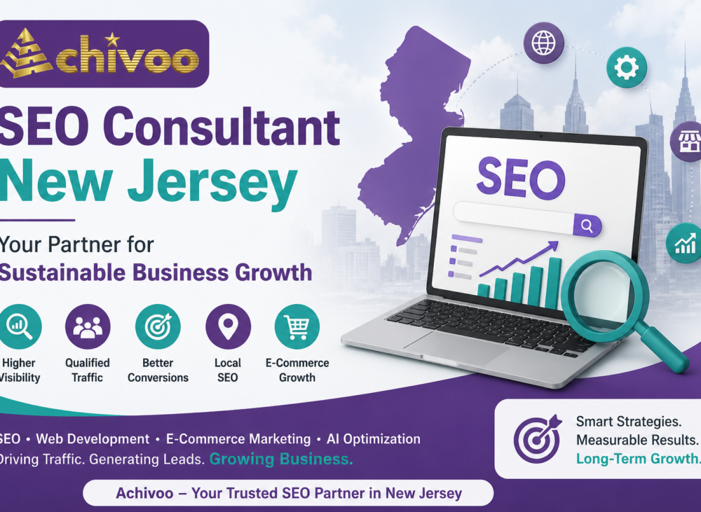 SEO Consultant New Jersey feature image with Achivoo logo, SEO analytics dashboard, New Jersey map, laptop, and digital marketing elements representing sustainable business growth.