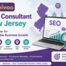 SEO Consultant New Jersey feature image with Achivoo logo, SEO analytics dashboard, New Jersey map, laptop, and digital marketing elements representing sustainable business growth.