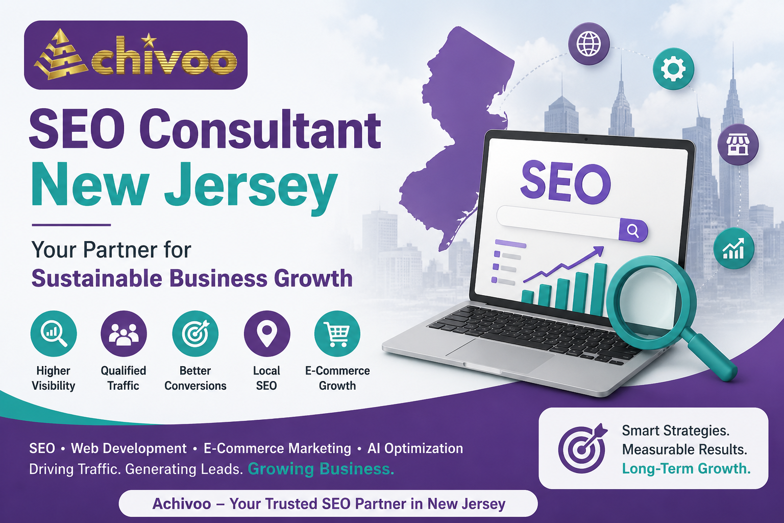 SEO Consultant New Jersey feature image with Achivoo logo, SEO analytics dashboard, New Jersey map, laptop, and digital marketing elements representing sustainable business growth.