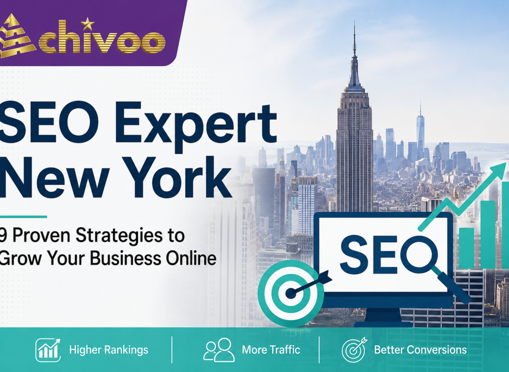 Professional feature image for "SEO Expert New York: 9 Proven Strategies to Grow Your Business Online" featuring the New York skyline, SEO growth graphics, and the Achivoo logo.